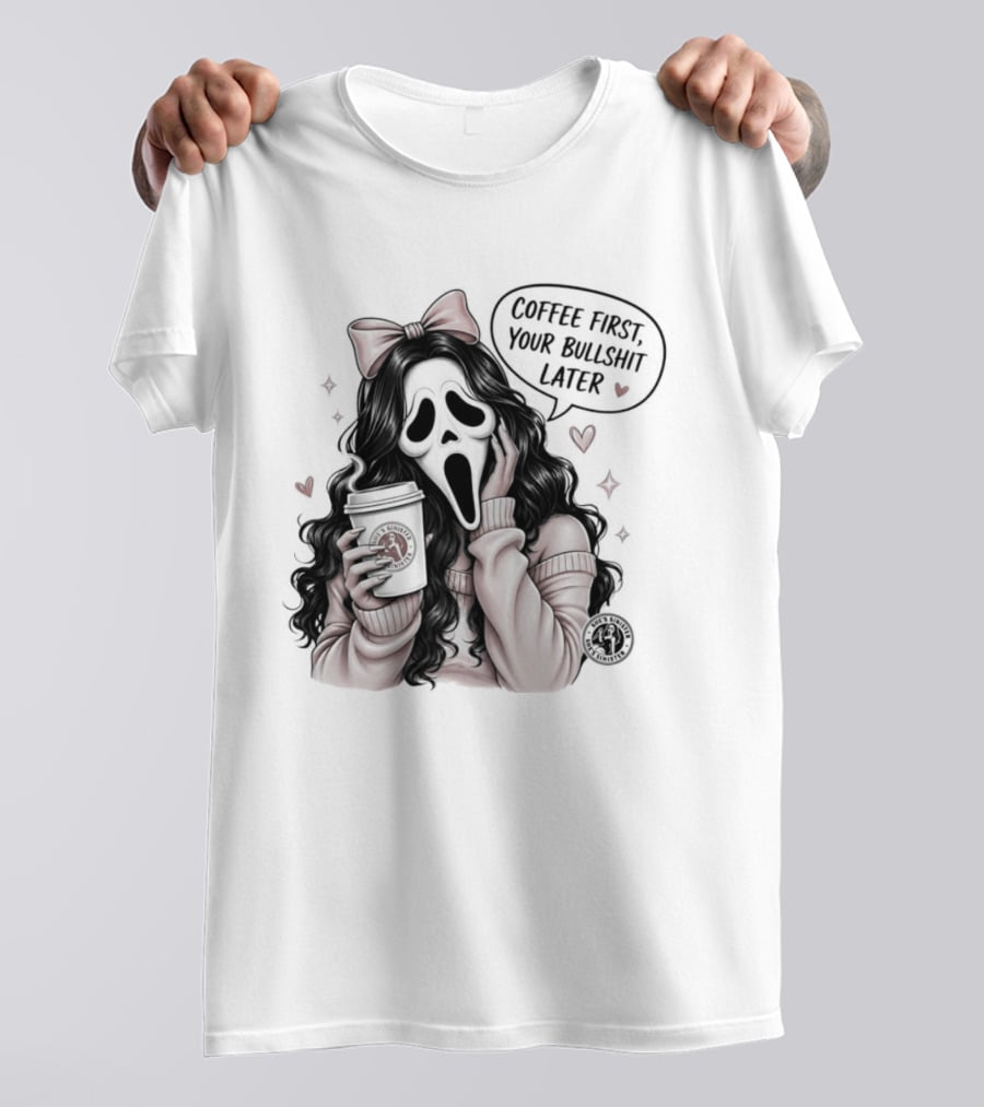 Ghostface Scream Coffee First Your Bullshit Later Horror Movie Bow Hearts T-Shirt