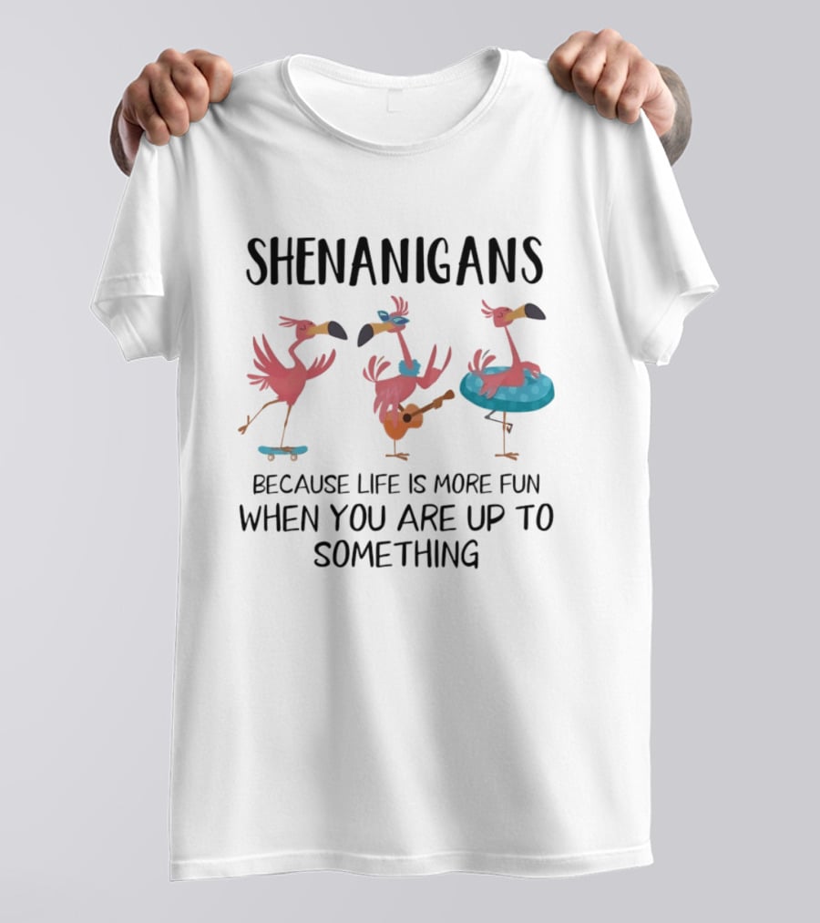 Shenanigans Flamingos Skateboarding Guitar Playing Pool Fun T-Shirt