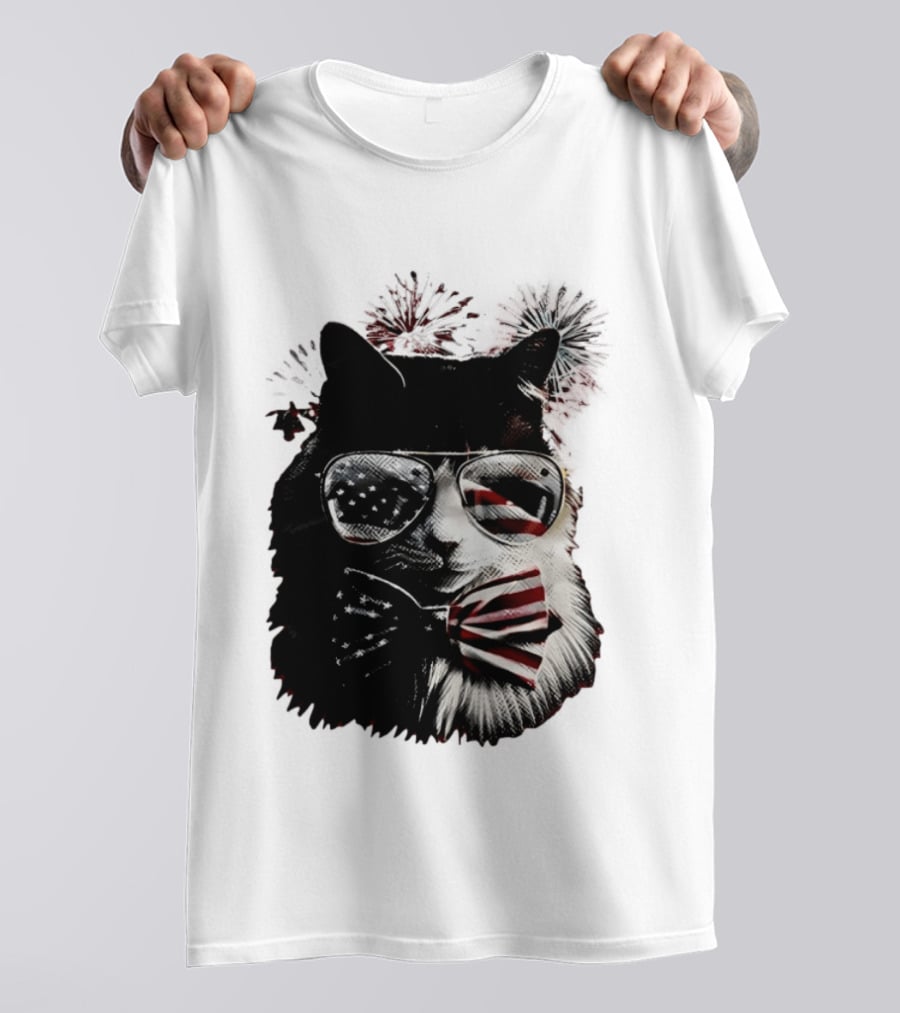 American Flag Cat Sunglasses And Bowtie Fireworks Independence Day T-Shirt