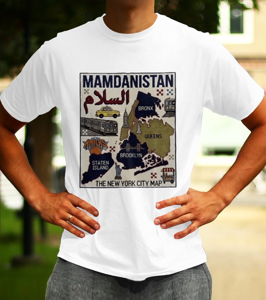 Mamdanistan Peace NYC Map Featuring Knicks Bronx Brooklyn Queens Staten Island Taxi Subway T-Shirt