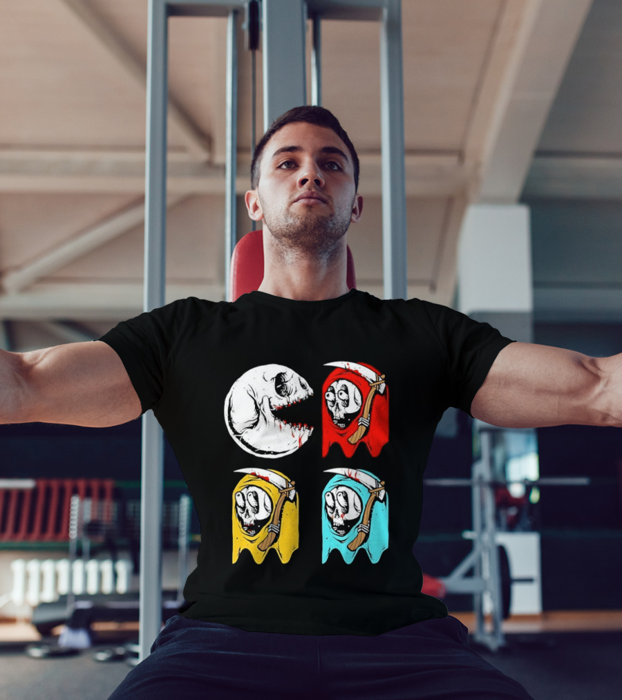 Pac Man Skeleton Skull Ghost Grim Reaper Red Yellow Blue T-Shirt
