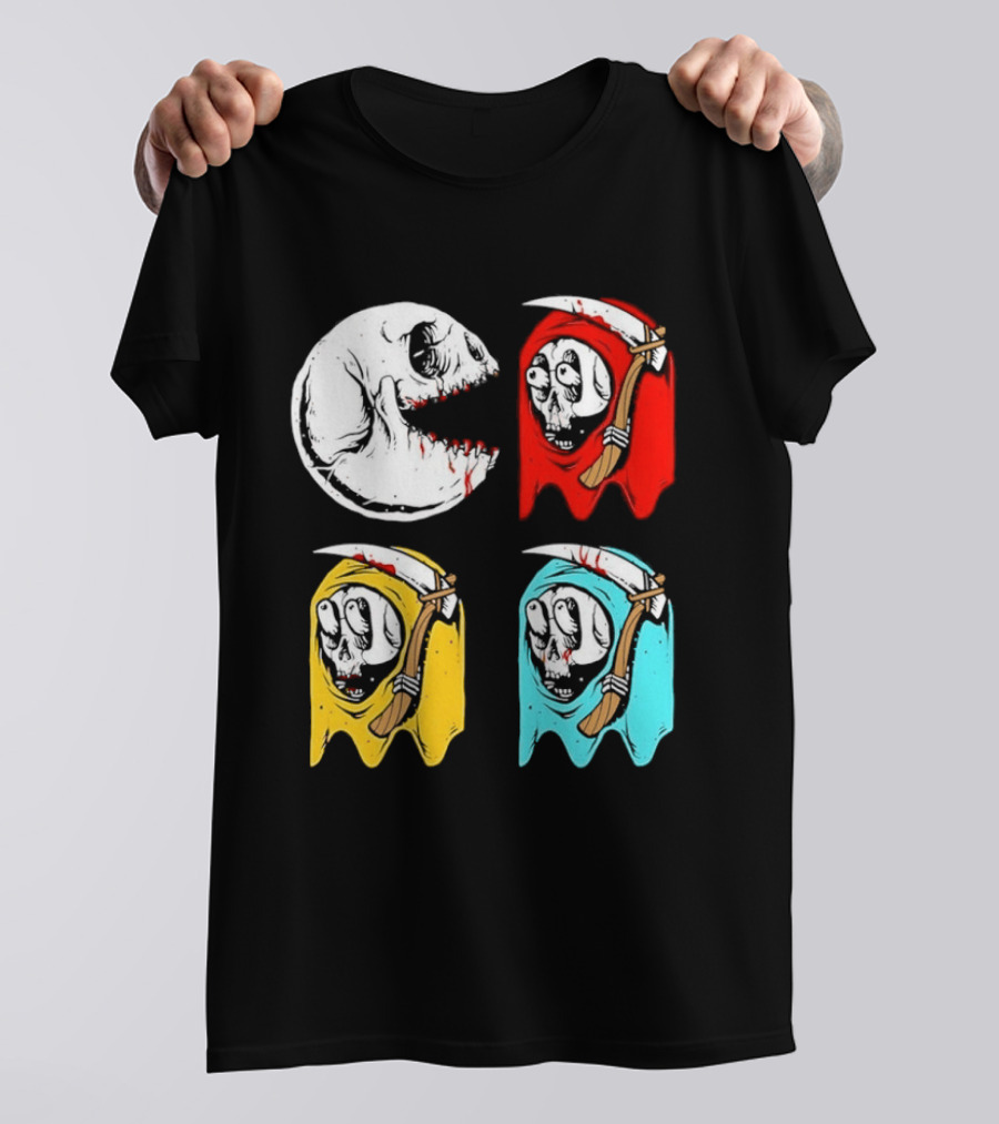 Pac Man Skeleton Skull Ghost Grim Reaper Red Yellow Blue T-Shirt