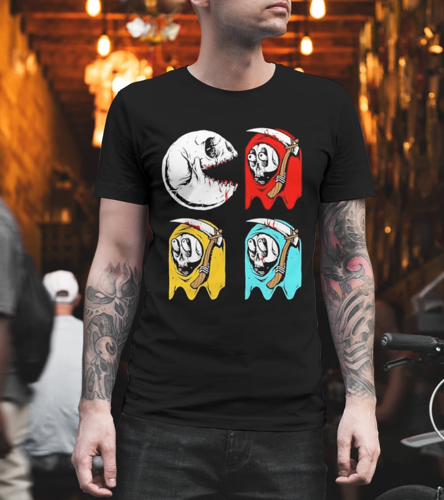 Pac Man Skeleton Skull Ghost Grim Reaper Red Yellow Blue T-Shirt