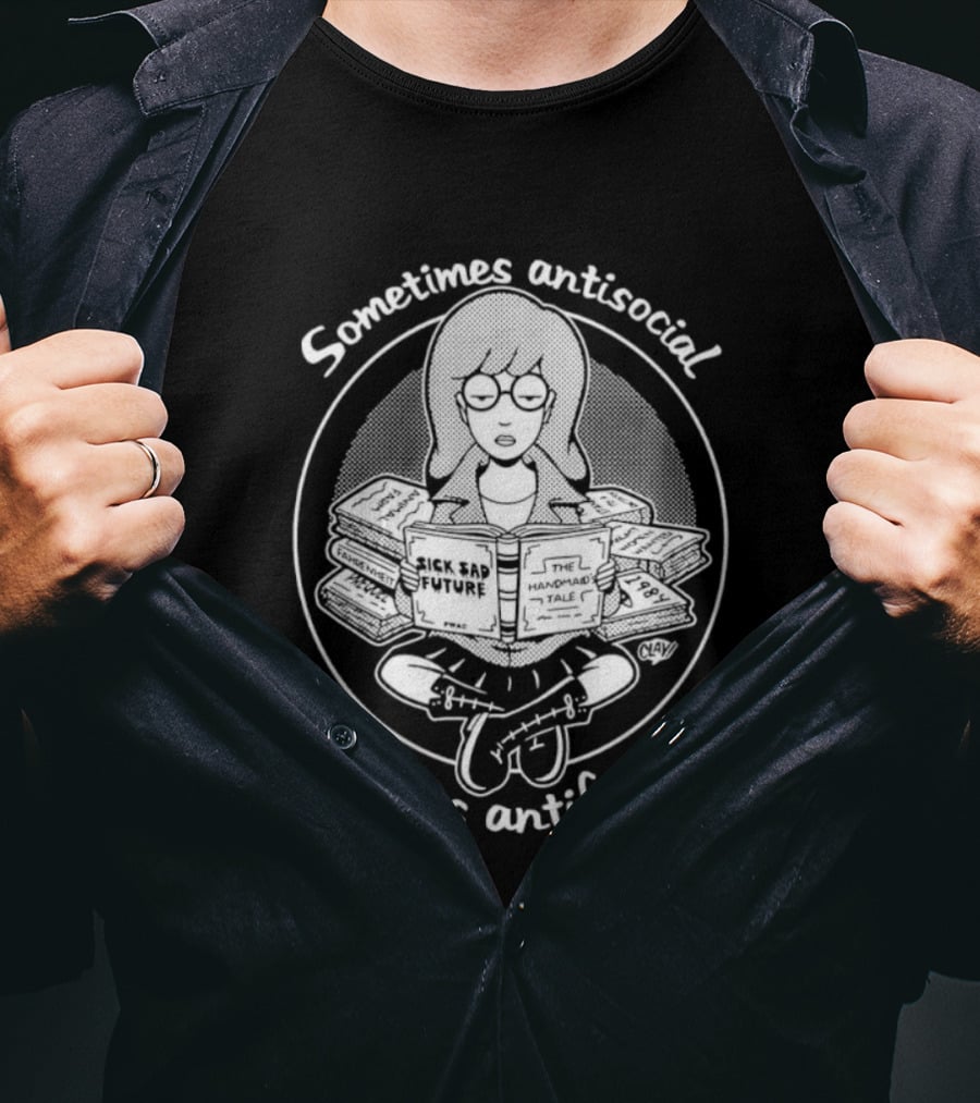 Sometimes Antisocial Always Antifascist Girl Reading Books T-Shirt