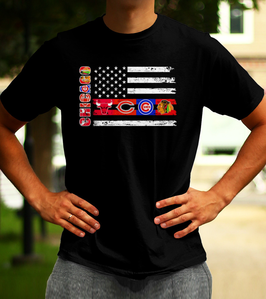 Chicago Bulls Bears Cubs Blackhawks American Flag T-Shirt
