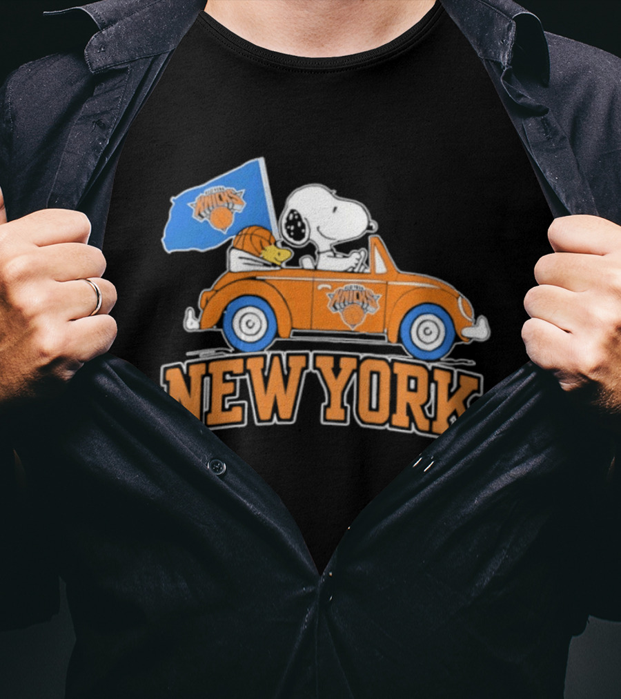 New York Knicks Snoopy Woodstock Driving Car Collaboration 2026 T-Shirt