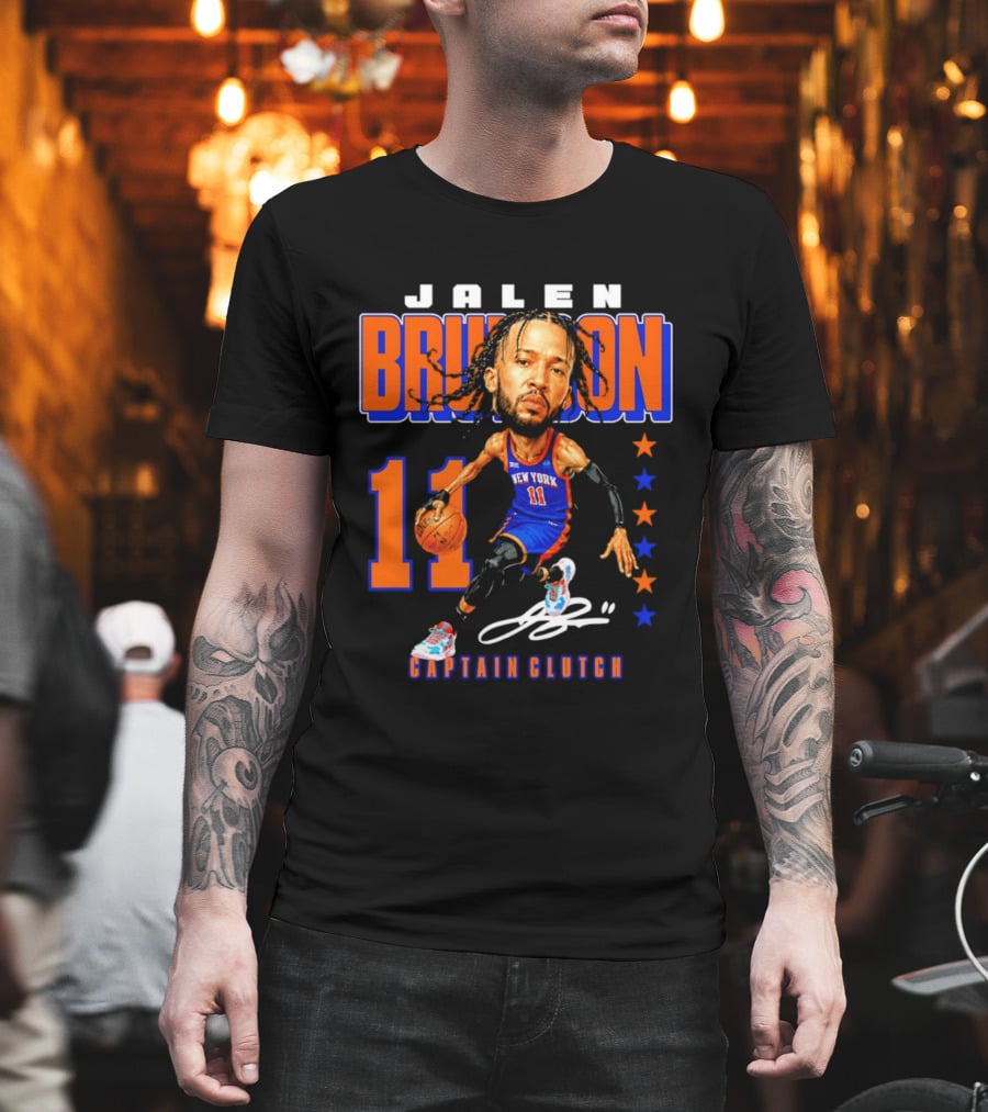 Jalen Brunson New York 11 Captain Clutch Caricature T-Shirt
