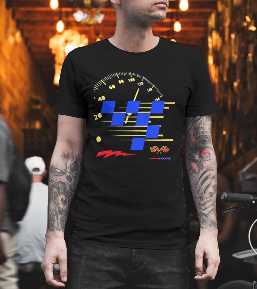 Automotive Racing Speedometer Blue Checkered Flags And Gold Accents T-Shirt