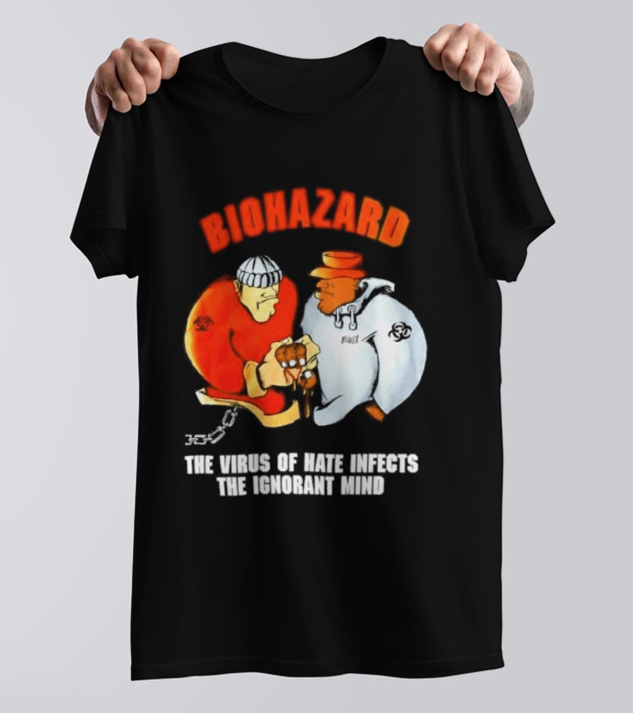 Biohazard The Virus Of Hate Infects The Ignorant Mind Orange And White Figures Confrontation T-Shirt