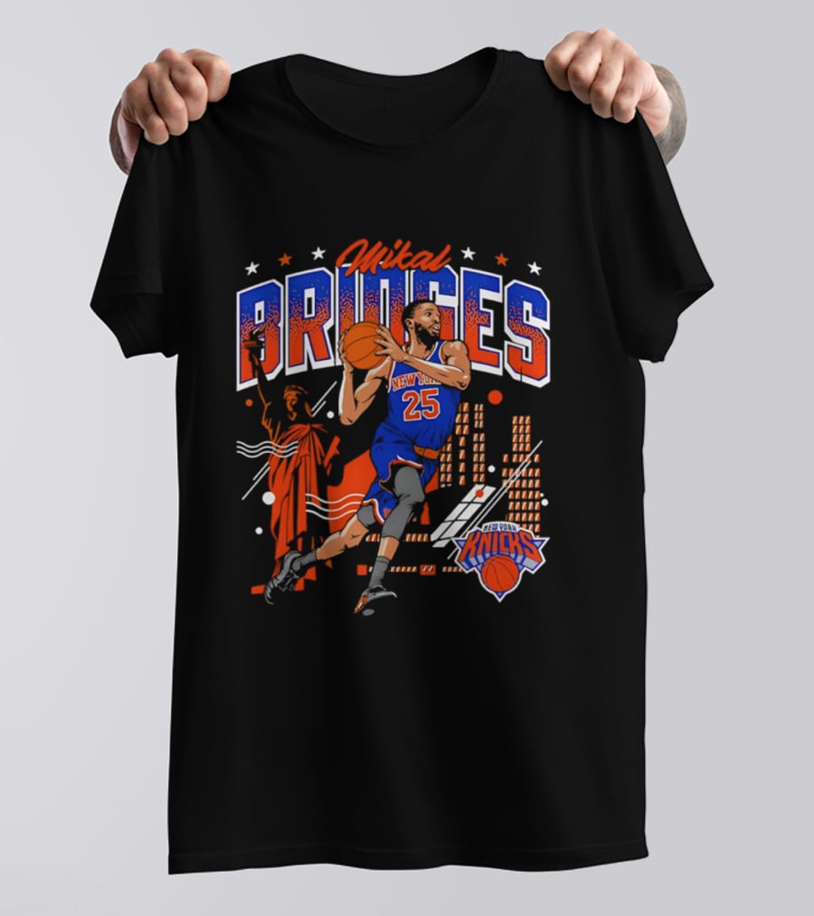 New York Knicks Mikal Bridges Basketball Player 25 Statue Of Liberty Skyline T-Shirt