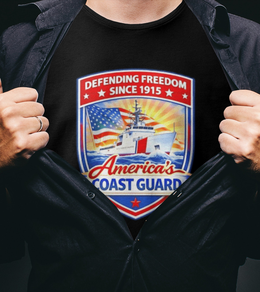 Defending Freedom Since 1915 America's Coast Guard US Flag Ship T-Shirt