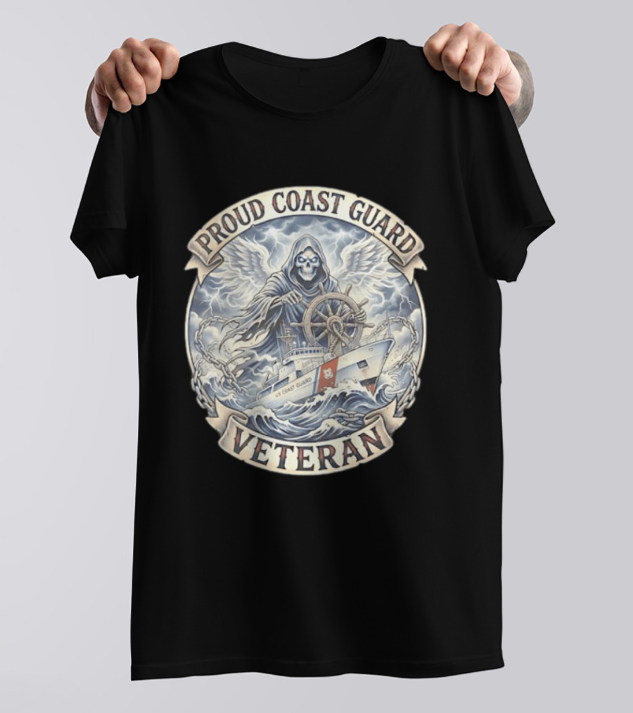Proud Coast Guard Veteran Grim Reaper With Ship And Wheel T-Shirt