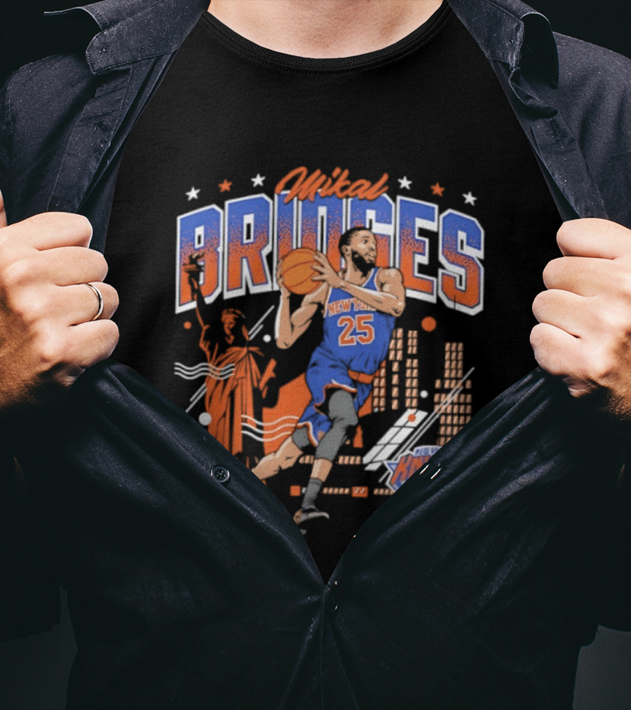 Mikal Bridges New York Knicks Basketball Skyline Statue Of Liberty T-Shirt