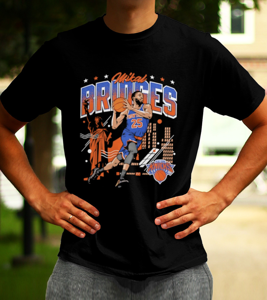 Mikal Bridges New York Knicks Basketball Skyline Statue Of Liberty T-Shirt
