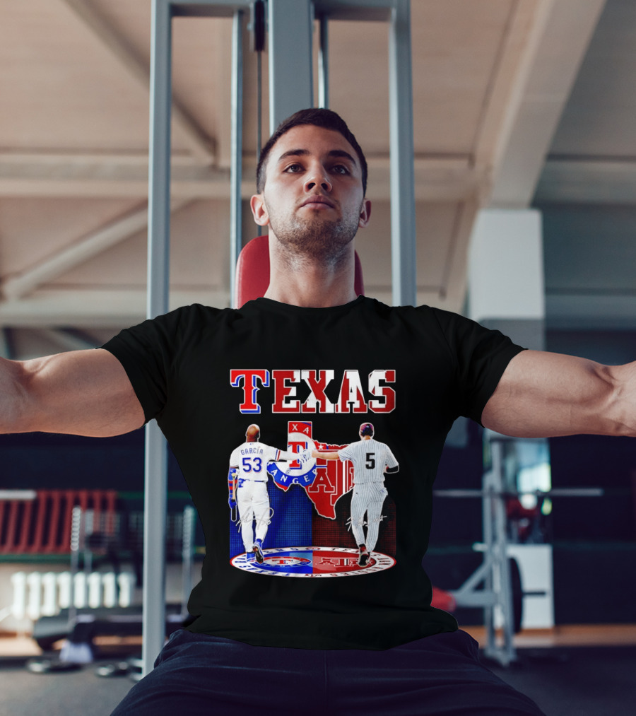 Texas Rangers Adolis Garcia And Texas A&M Aggies Hunter Schott Split Map T-Shirt