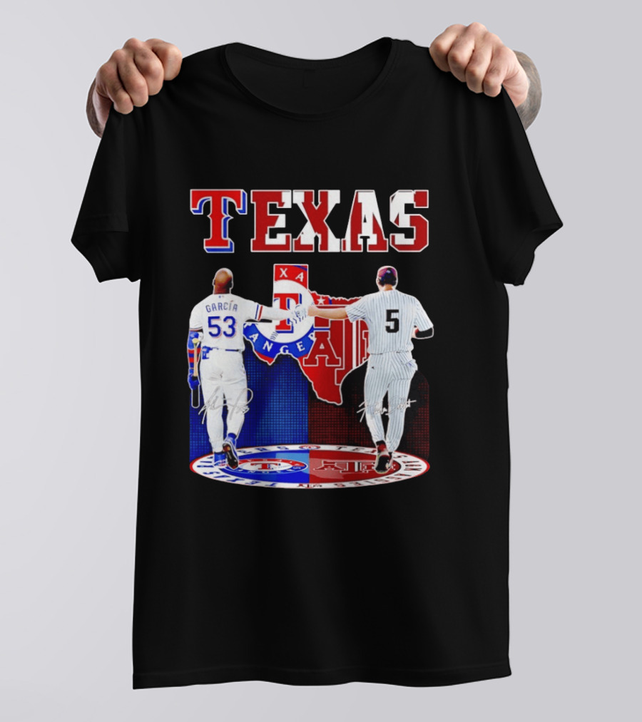 Texas Rangers Adolis Garcia And Texas A&M Aggies Hunter Schott Split Map T-Shirt