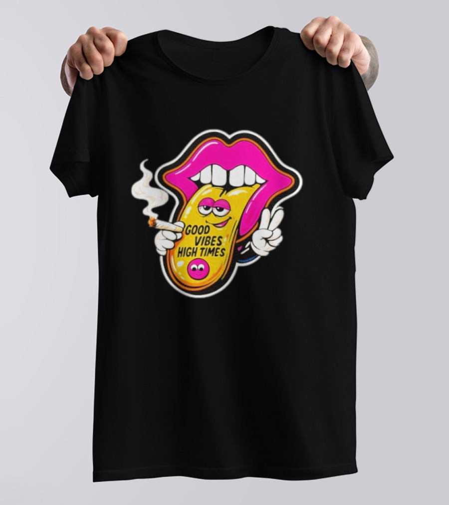 Good Vibes High Times Smoking Tongue And Peace Sign T-Shirt