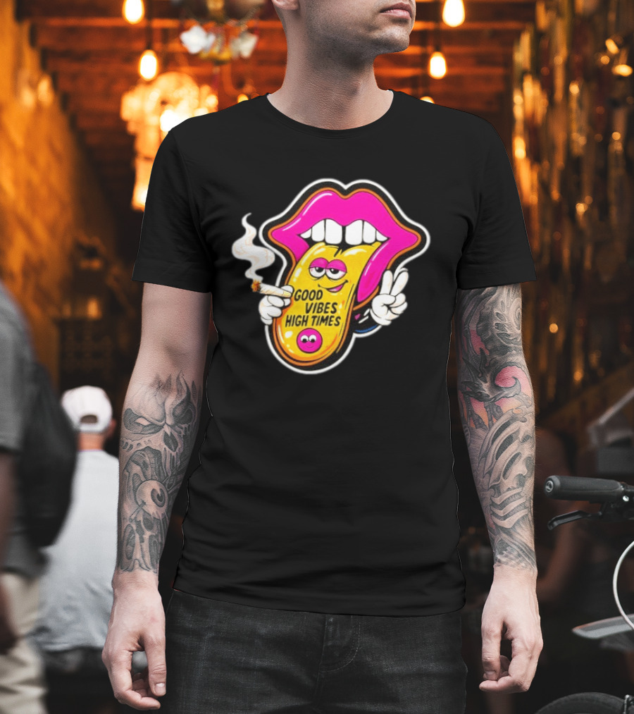 Good Vibes High Times Smoking Tongue And Peace Sign T-Shirt