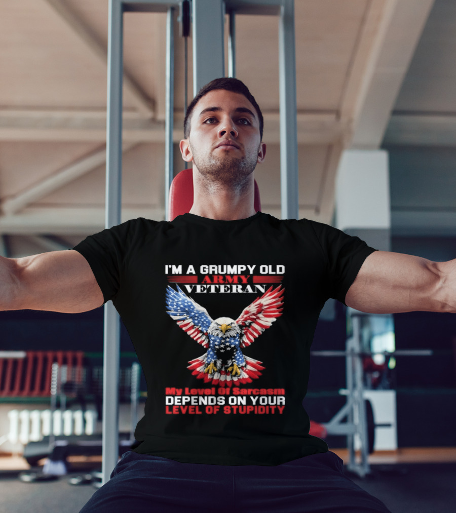Grumpy Old Army Veteran Sarcasm Depends On Your Stupidity Patriotic Eagle T-Shirt
