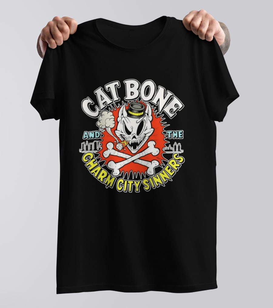 Cat Bone And The Charm City Sinners Smoking Skull And Crossbones Top Hat T-Shirt