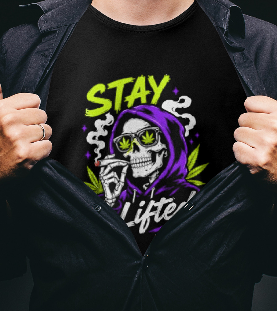 Stay Lifted Skeleton Smoking Weed Vapor Clouds Psychedelic T-Shirt