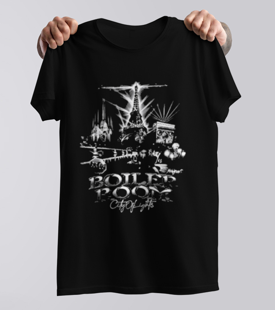 Boiler Room Paris City Of Lights Merci Pour Le Music Eiffel Tower Piano Notes Skyline T-Shirt