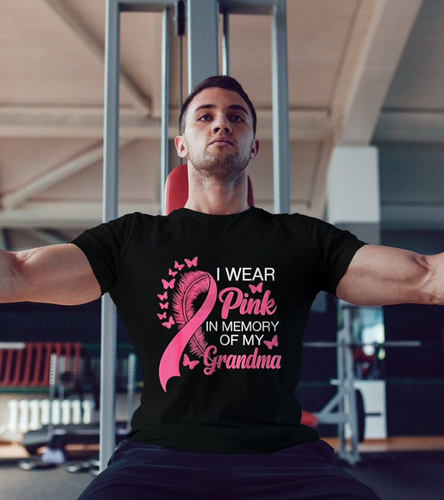 Breast Cancer Awareness I Wear Pink In Memory Of My Grandma Pink Ribbon With Butterflies T-Shirt