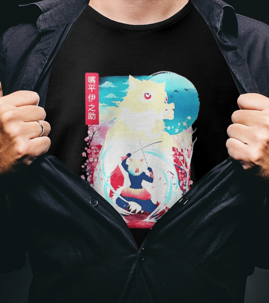 Inosuke Hashibira Boar Head Demon Slayer Anime Cherry Blossom Scene T-Shirt