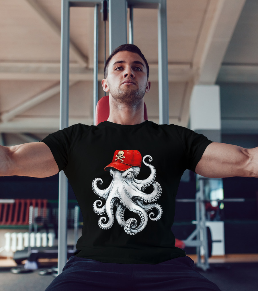 Octopus In Red Cap With Skull And Crossbones T-Shirt