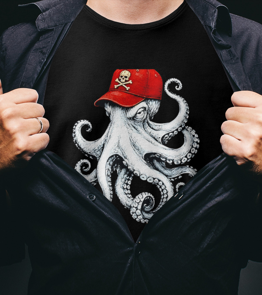 Octopus In Red Cap With Skull And Crossbones T-Shirt