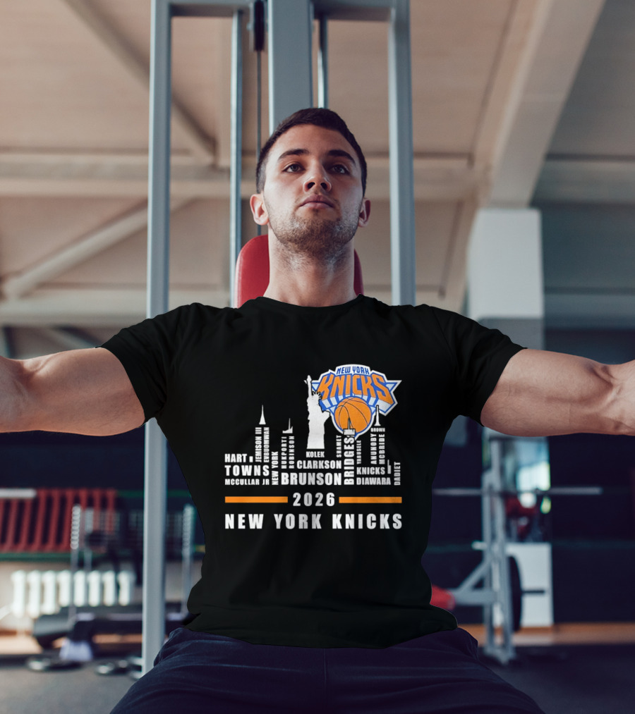 New York Knicks 2026 Jalen Brunson Mikal Bridges NBA Manhattan Skyline T-Shirt