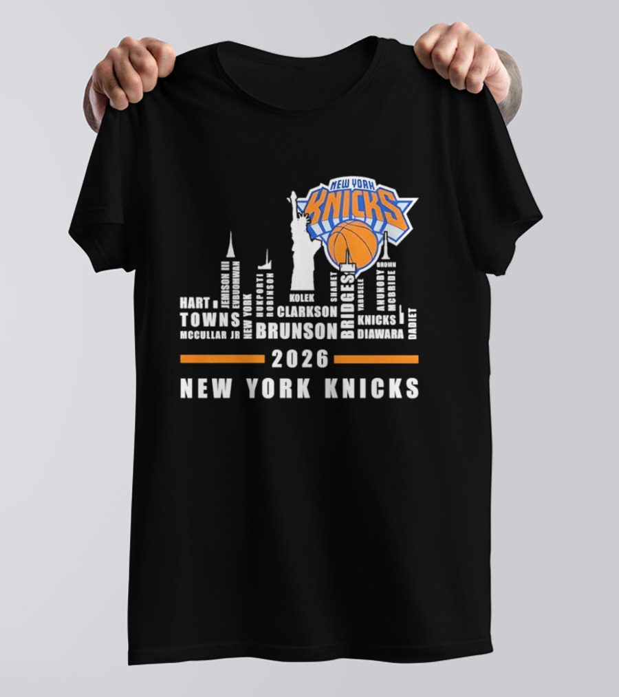 New York Knicks 2026 Jalen Brunson Mikal Bridges NBA Manhattan Skyline T-Shirt