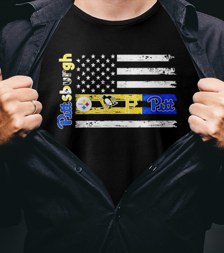 Pittsburgh Steelers Penguins Pirates Pitt American Flag T-Shirt