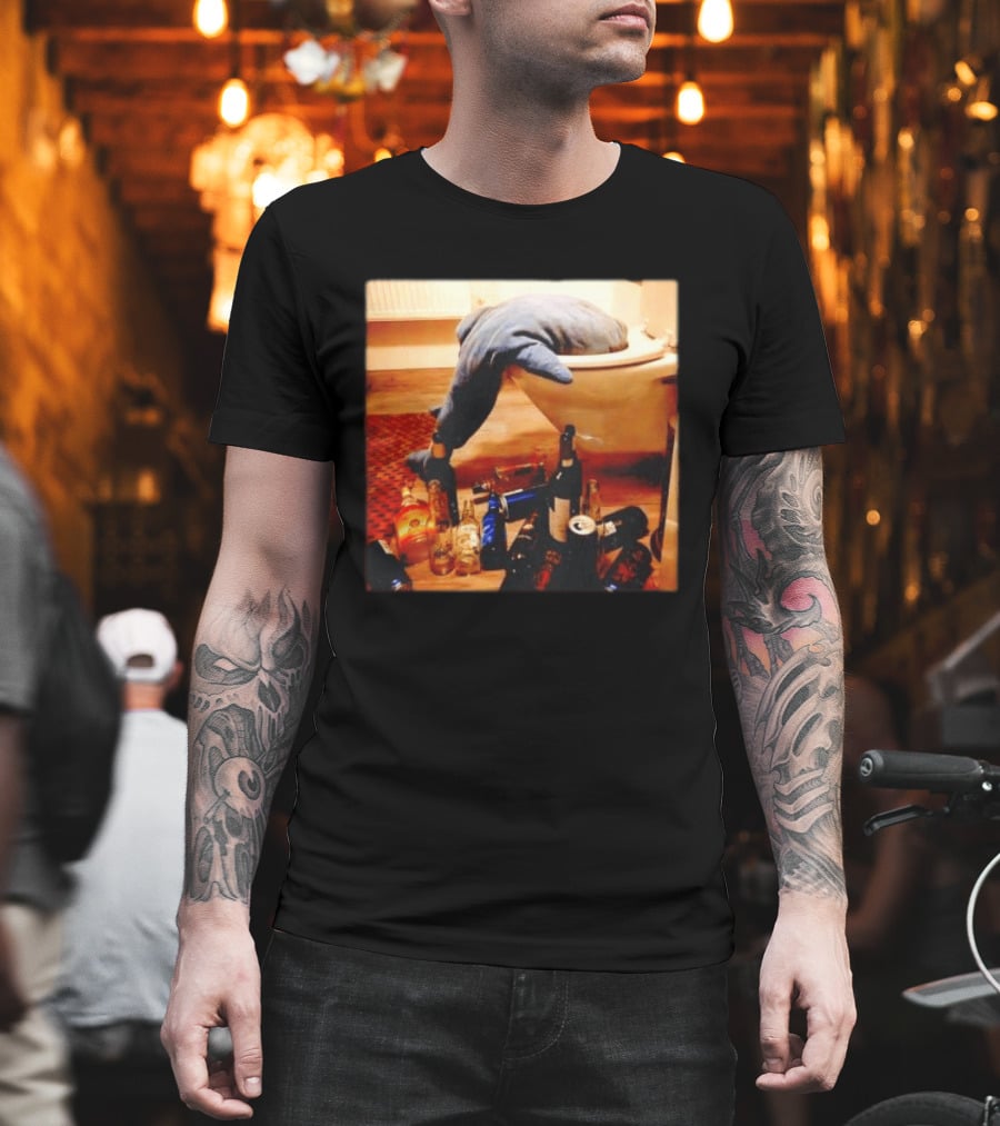 Shark Over Toilet With Alcohol Bottles Party Aftermath T-Shirt