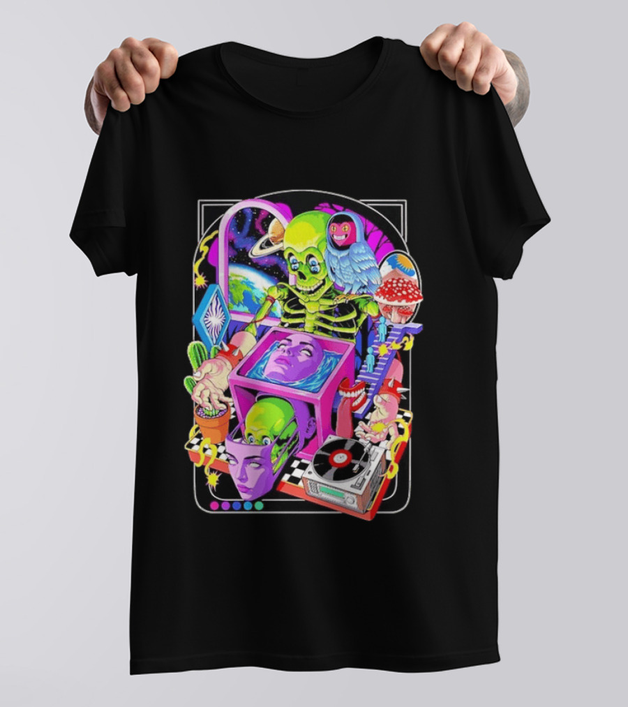 Green Skeleton Psychedelic Owl Surreal Heads Space Earth Trippy Mushrooms Record Player Adventure T-Shirt