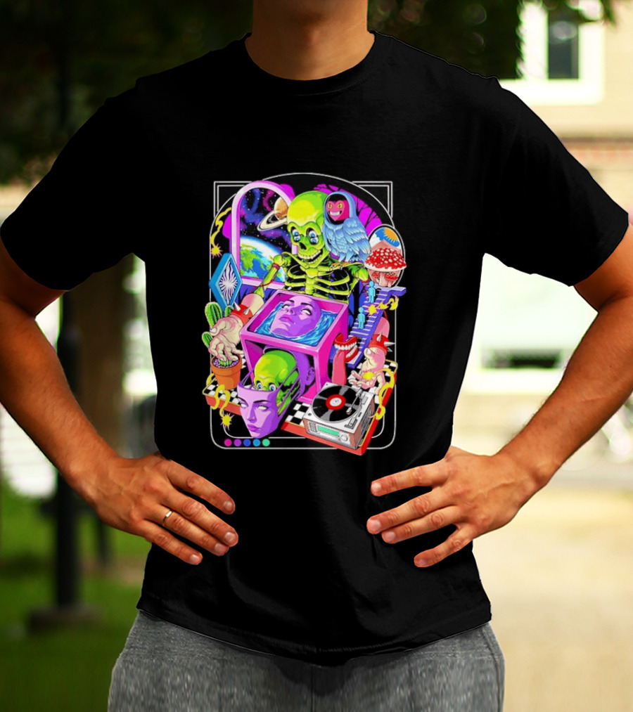 Green Skeleton Psychedelic Owl Surreal Heads Space Earth Trippy Mushrooms Record Player Adventure T-Shirt