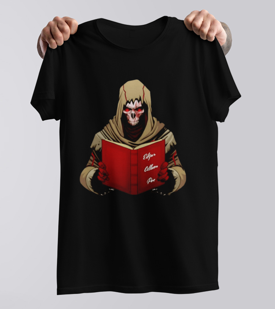 Grim Reaper Hooded Skeleton With Red Eyes Holding Edgar Allan Poe Book T-Shirt