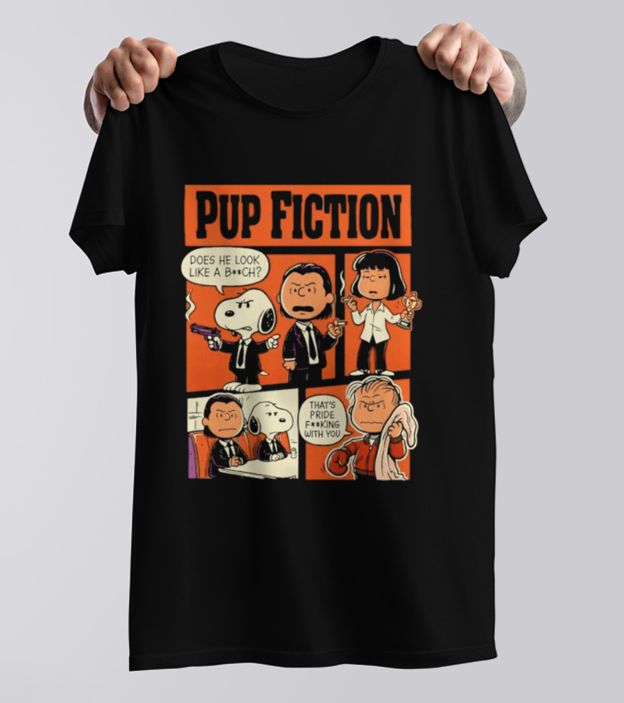 Peanuts Pup Fiction Does He Look Like A Bitch Snopy And Franklin Vincent Jules Mia T-Shirt