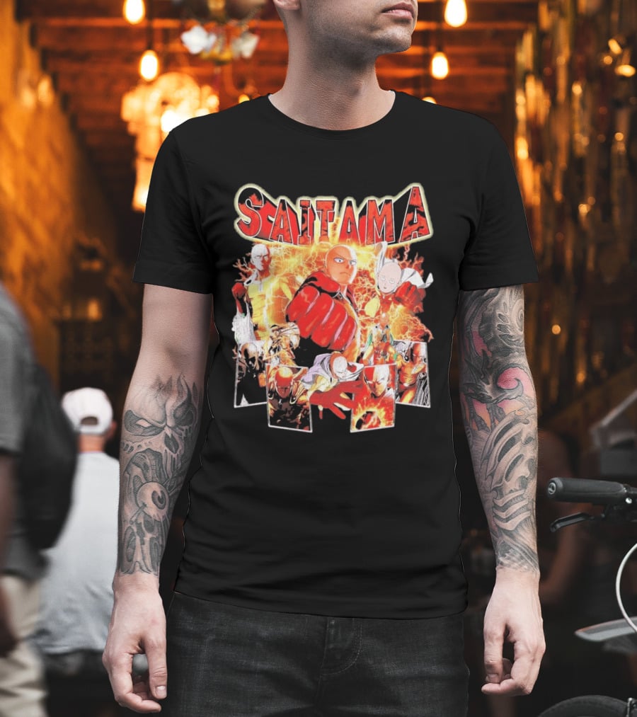 Saitama Hero Manga Character Collage With Lightning Fist T-Shirt