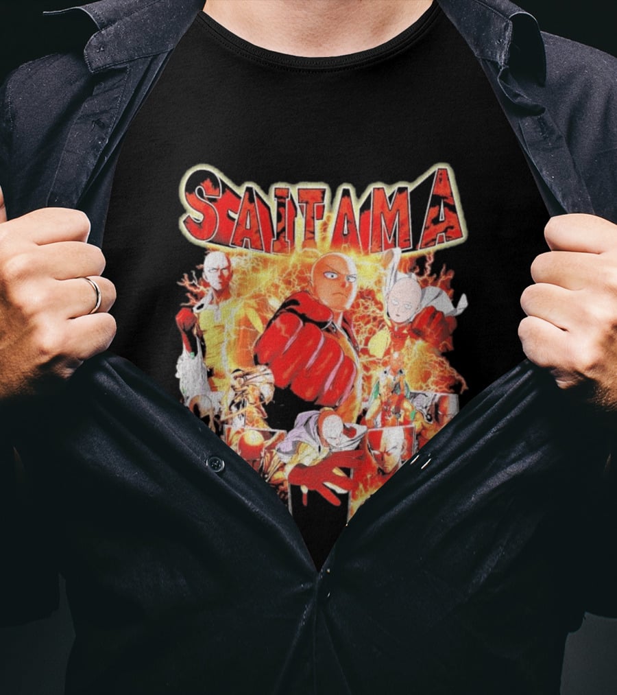 Saitama Hero Manga Character Collage With Lightning Fist T-Shirt
