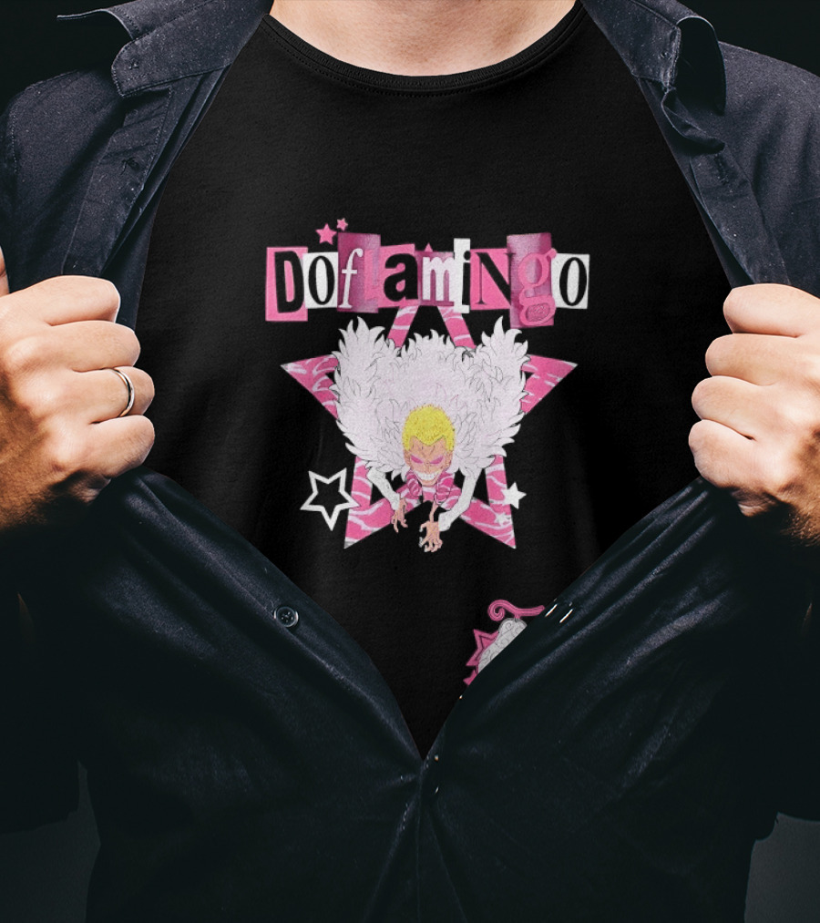 Doflamingo One Piece Pink Star Feathered Cape Anime T-Shirt