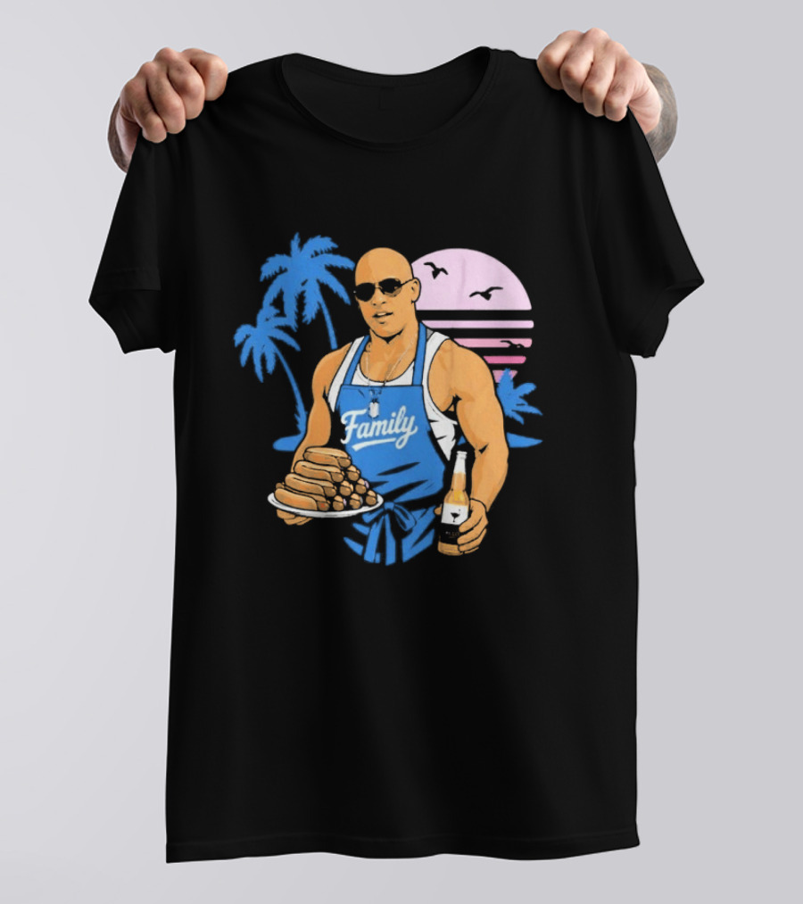 KCCO Family BBQ With Hot Dogs Palm Trees Sunset Birds T-Shirt