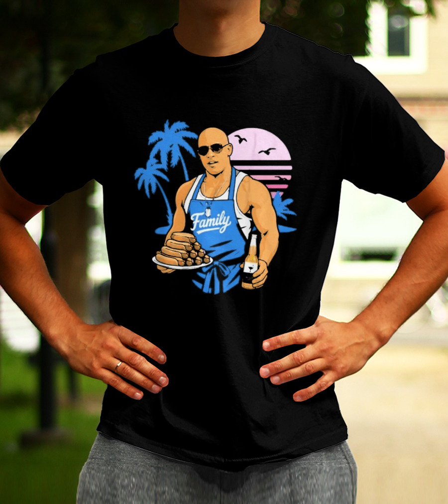 KCCO Family BBQ With Hot Dogs Palm Trees Sunset Birds T-Shirt