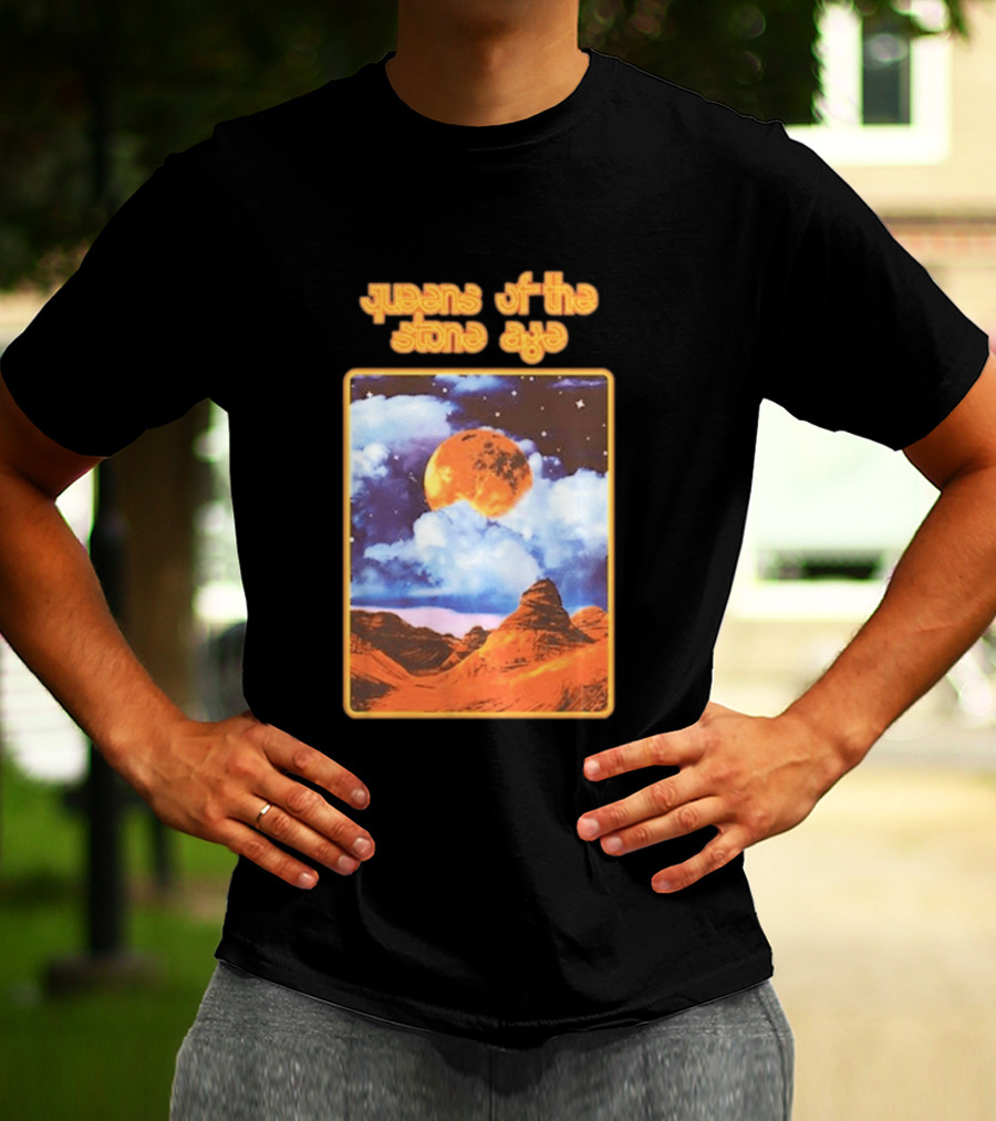 Queens Of The Stone Age Moon Landscape With Orange Cloudy Night Sky And Desert Scene T-Shirt