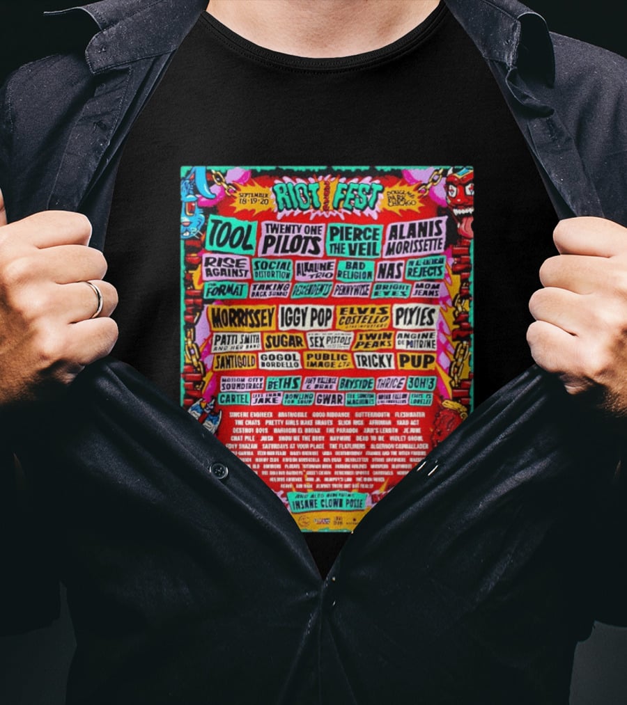 Riot Fest 2026 Full Lineup Douglass Park Chicago September 18 19 20 Featuring Tool Twenty One Pilots Pierce The Veil Alanis Morissette T-Shirt