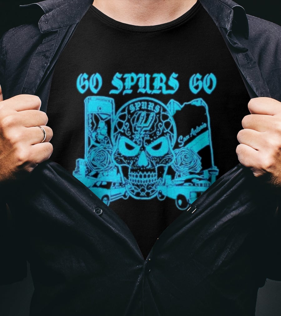 Go Spurs Go San Antonio Spurs NBA Skull And Cars T-Shirt
