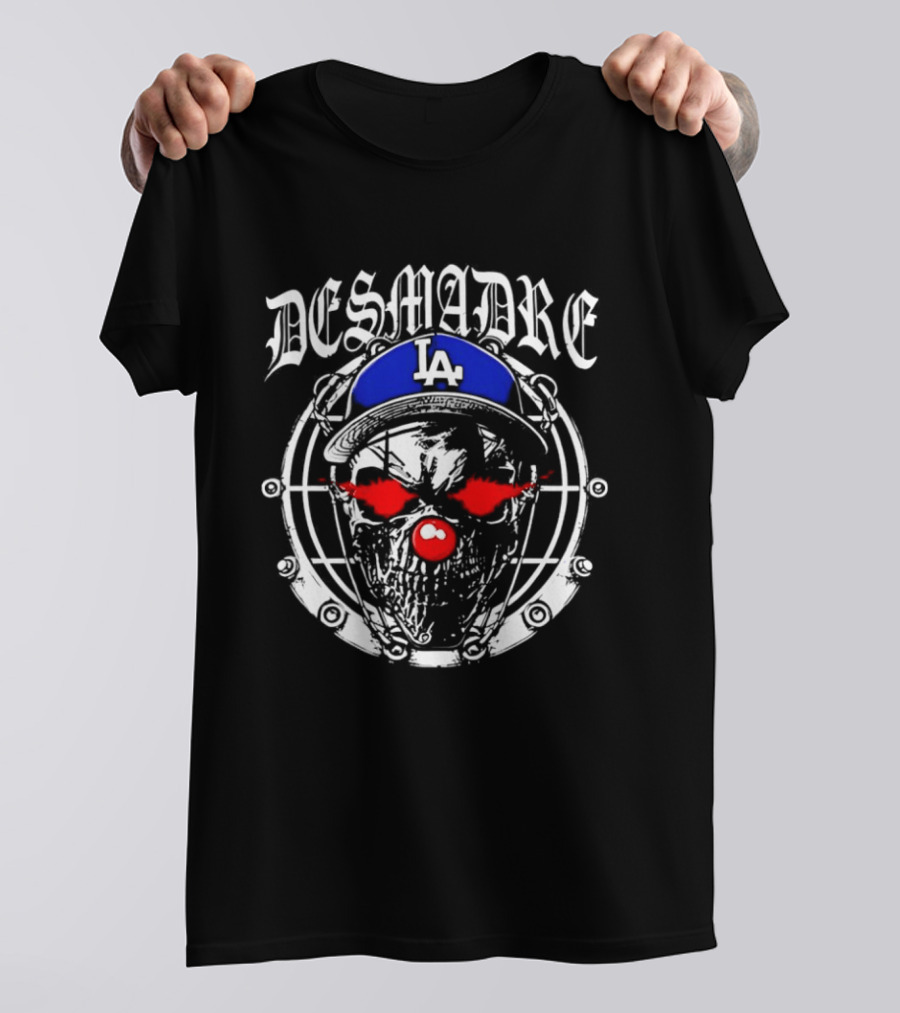 Skull In Los Angeles Dodgers Cap With Clown Makeup And DESMADRE T-Shirt