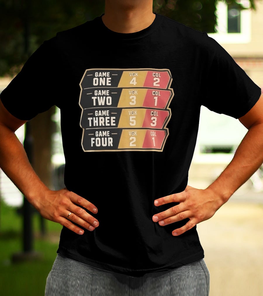 Vegas Golden Knights Vs Colorado Avalanche Game One To Four Scores VGK COL T-Shirt