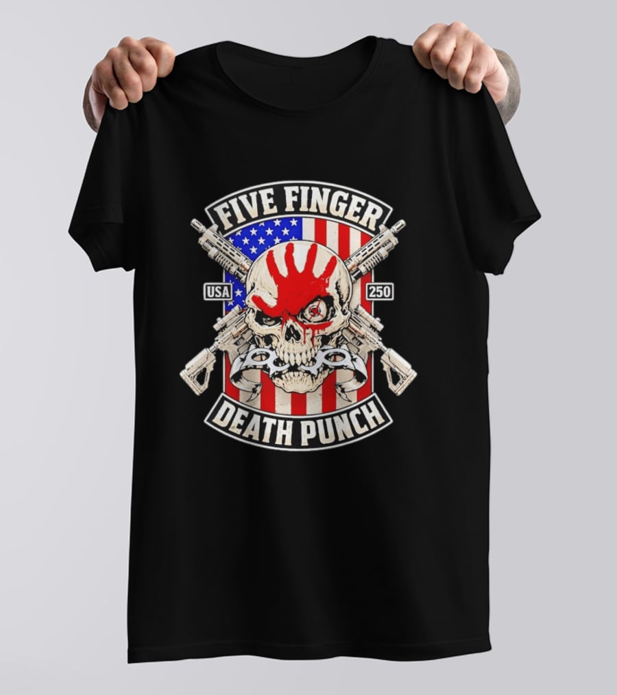 Five Finger Death Punch USA Skull With Guns And American Flag 250 July 4th T-Shirt