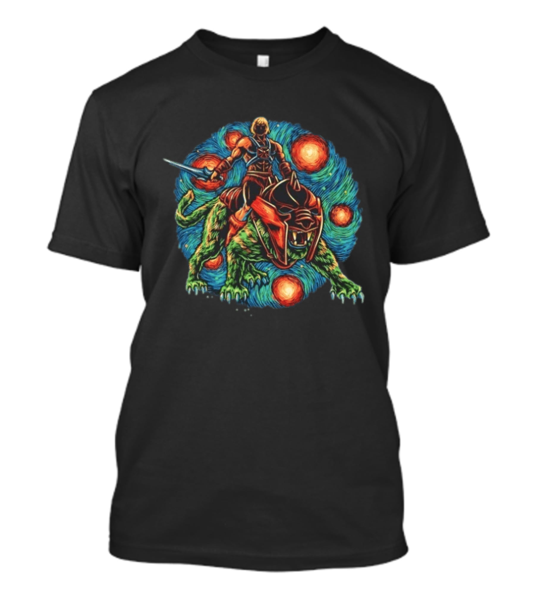 He Man And Battle Cat Starry Night Strength Courage Van Gogh Fusion T-Shirt